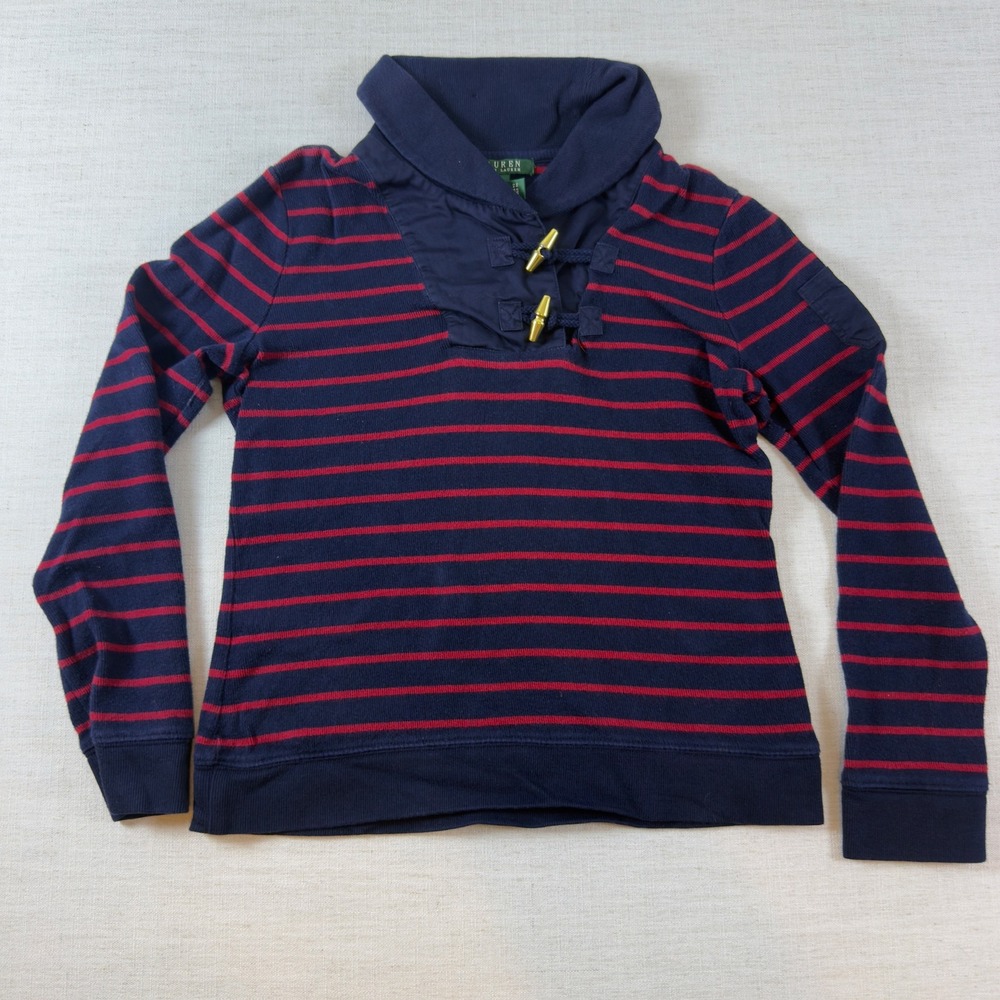 Lauren Ralph Lauren Womens M Toggle Shawl Collar Sweatshirt Navy Red Striped